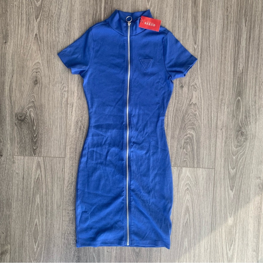Guess Blue Ribbed Mock Neck Zip-Up Dress
